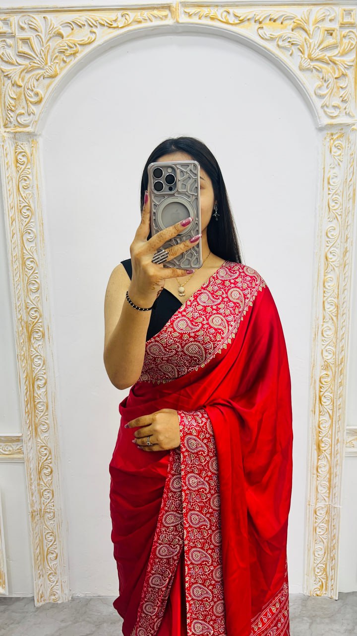 Premium Red Ajrakh Print Saree – Traditional Ethnic Elegance