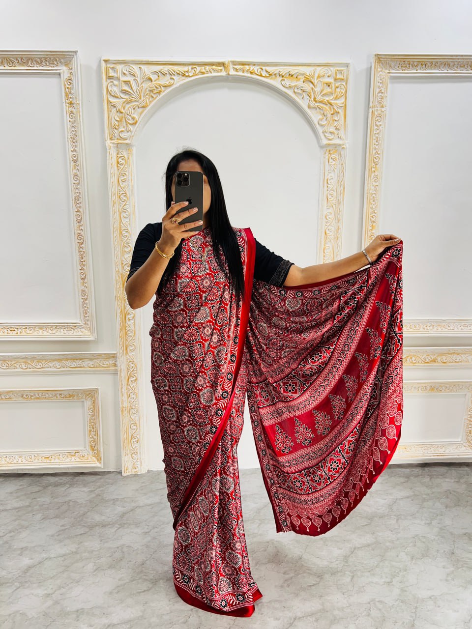 Trendy Ajrakh Saree for Daily & Festive Wear – Maroon