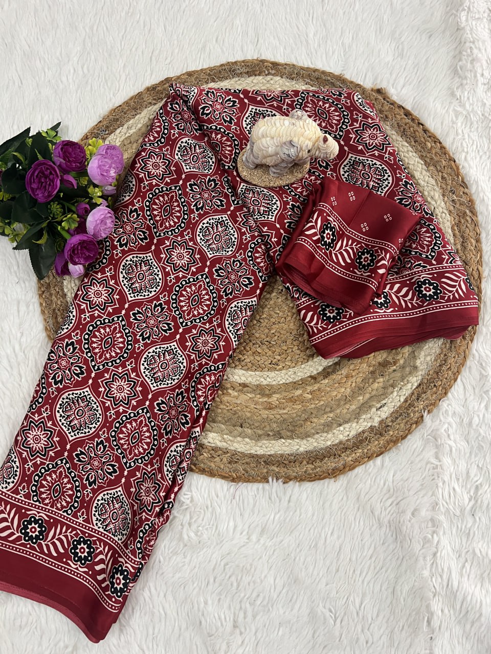 Trendy Ajrakh Saree for Daily & Festive Wear – Maroon