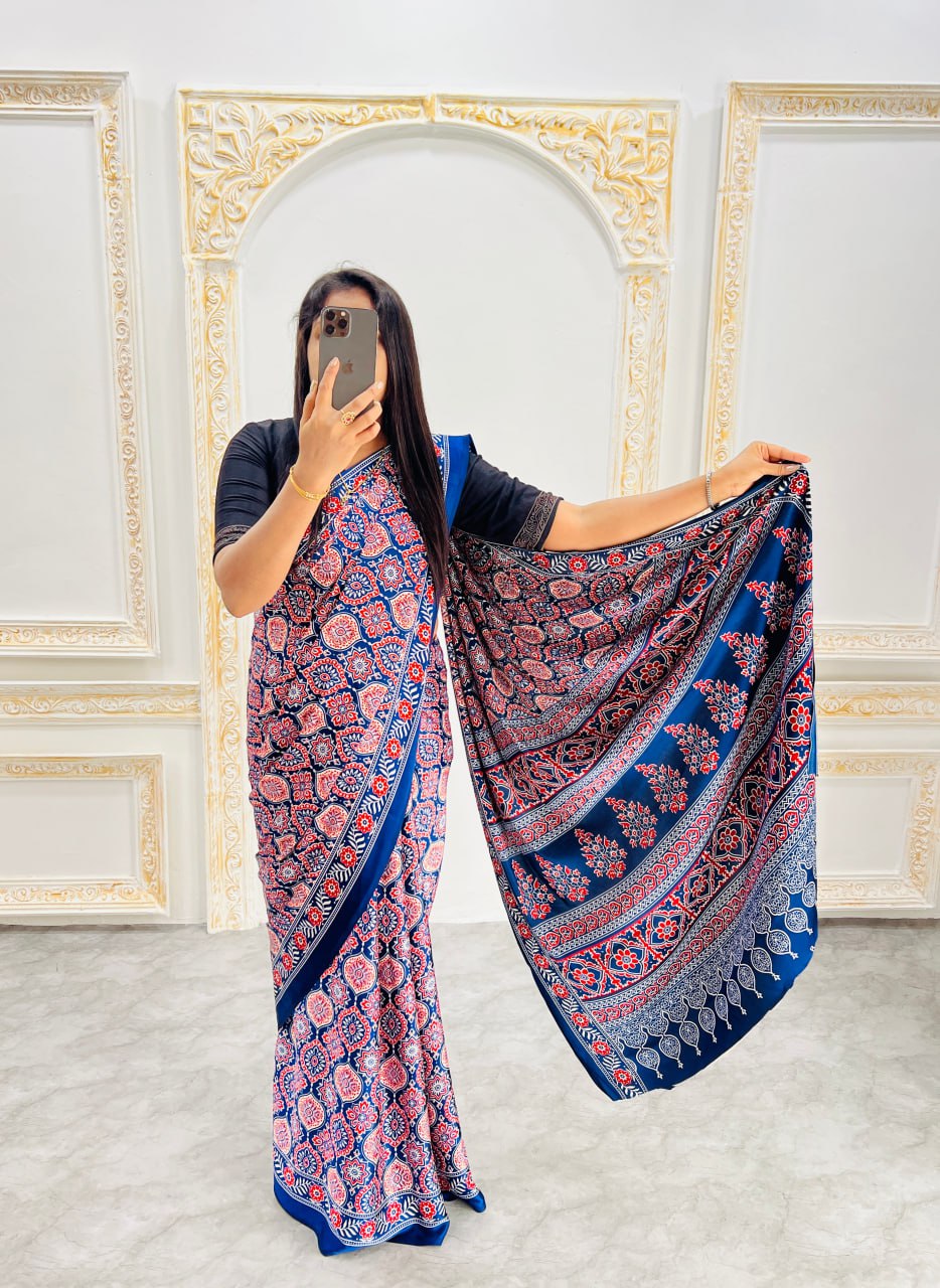 Trendy Ajrakh Saree for Daily & Festive Wear – Blue