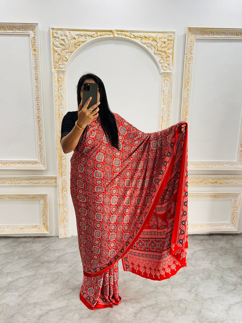 Trendy Ajrakh Saree for Daily & Festive Wear – Red