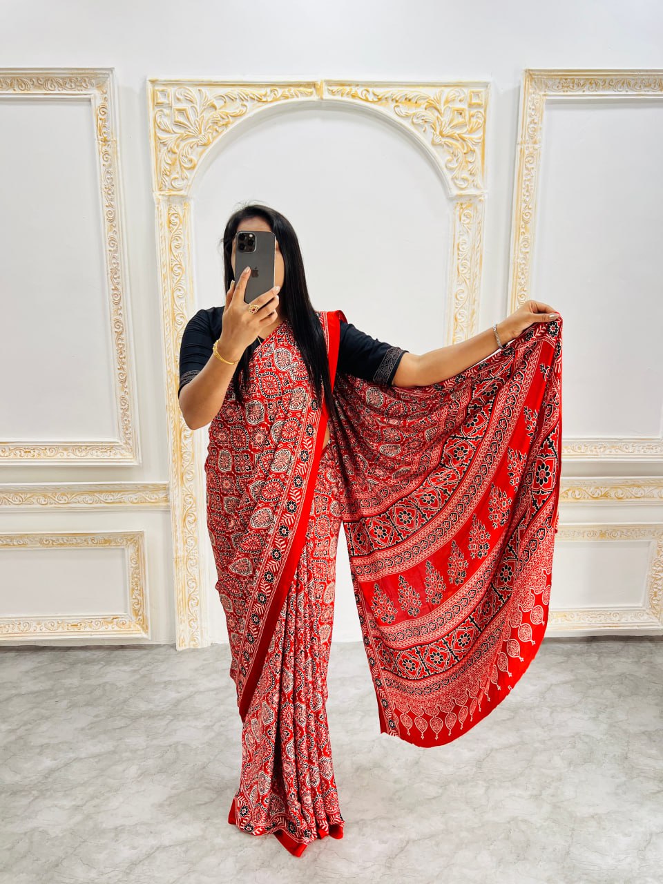 Trendy Ajrakh Saree for Daily & Festive Wear – Red
