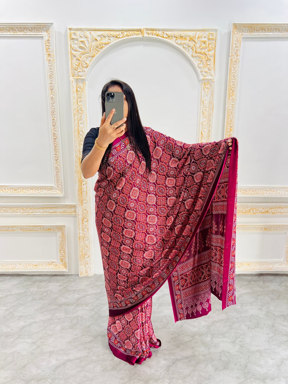 Trendy Ajrakh Saree for Daily & Festive Wear – Wine