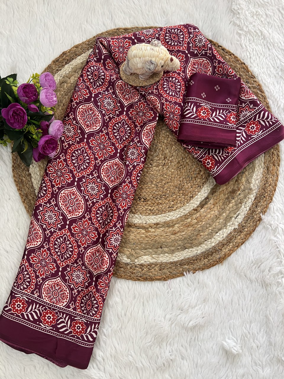 Trendy Ajrakh Saree for Daily & Festive Wear – Wine