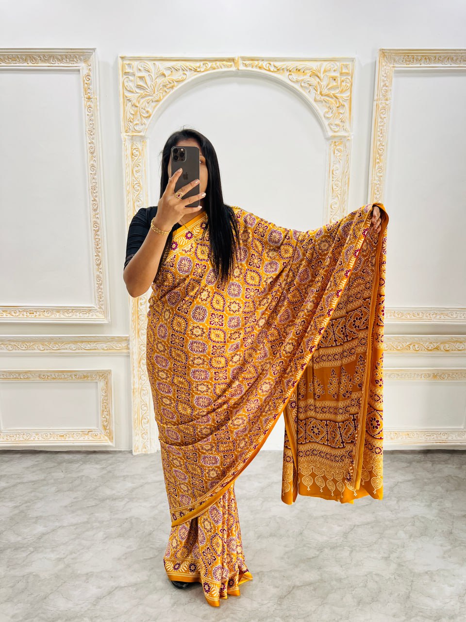 Trendy Ajrakh Saree for Daily & Festive Wear –Yellow