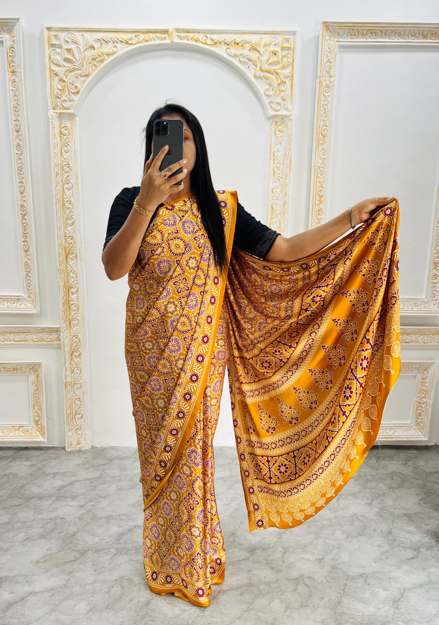 Trendy Ajrakh Saree for Daily & Festive Wear –Yellow