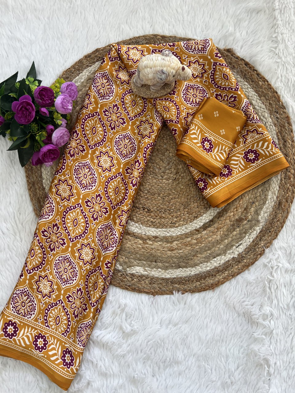 Trendy Ajrakh Saree for Daily & Festive Wear –Yellow