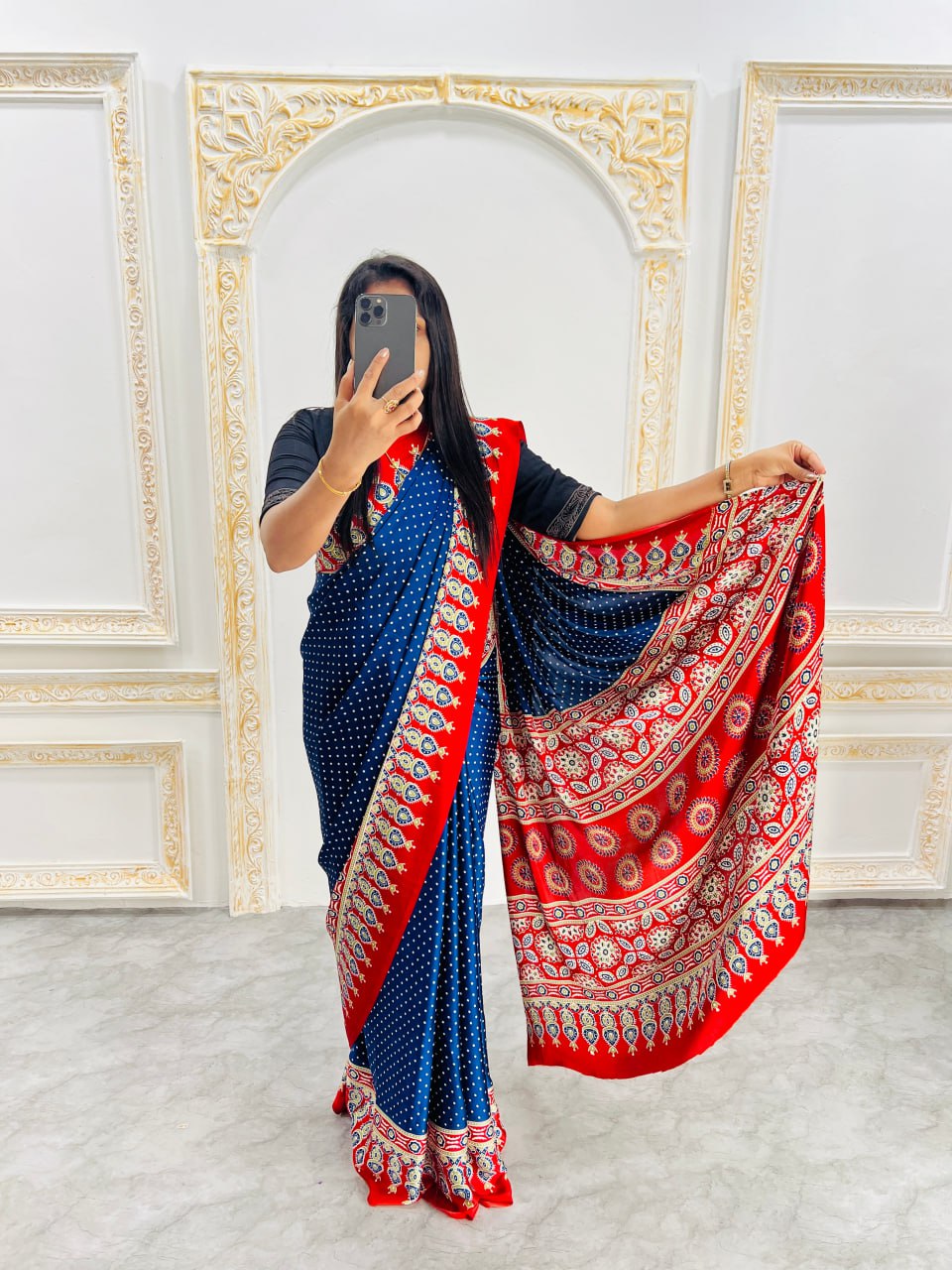 Elegant Ajrakh Saree with a Print & Patola-Style Pallu -Blue