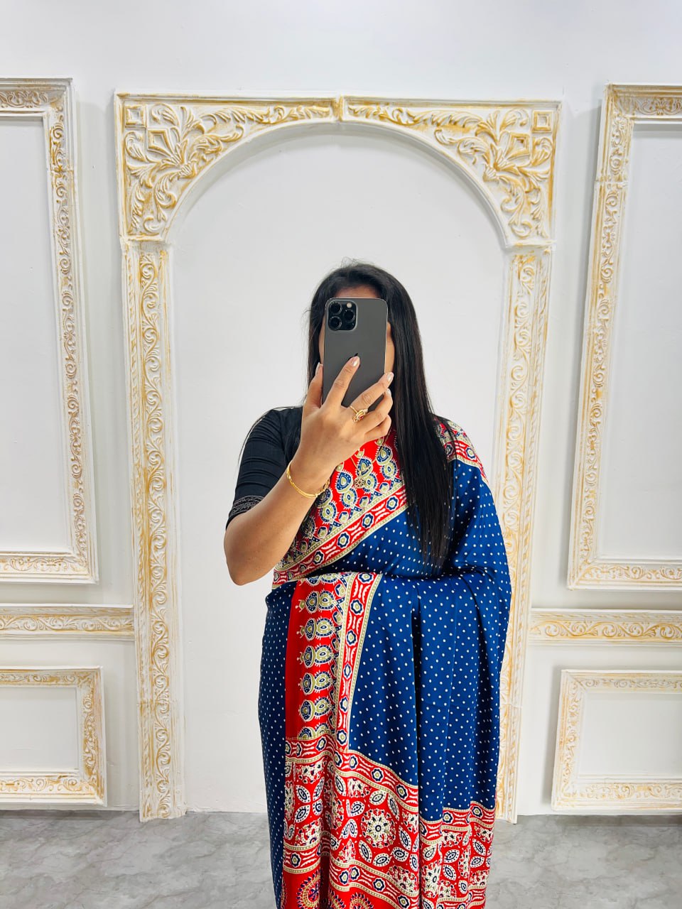 Elegant Ajrakh Saree with a Print & Patola-Style Pallu -Blue