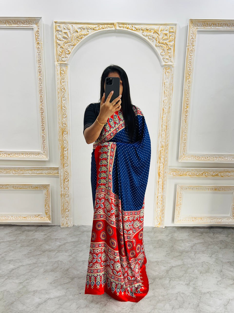 Elegant Ajrakh Saree with a Print & Patola-Style Pallu -Blue