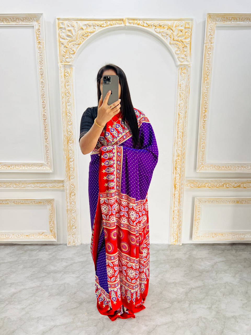 Elegant Ajrakh Saree with a Print & Patola-Style Pallu -Purple