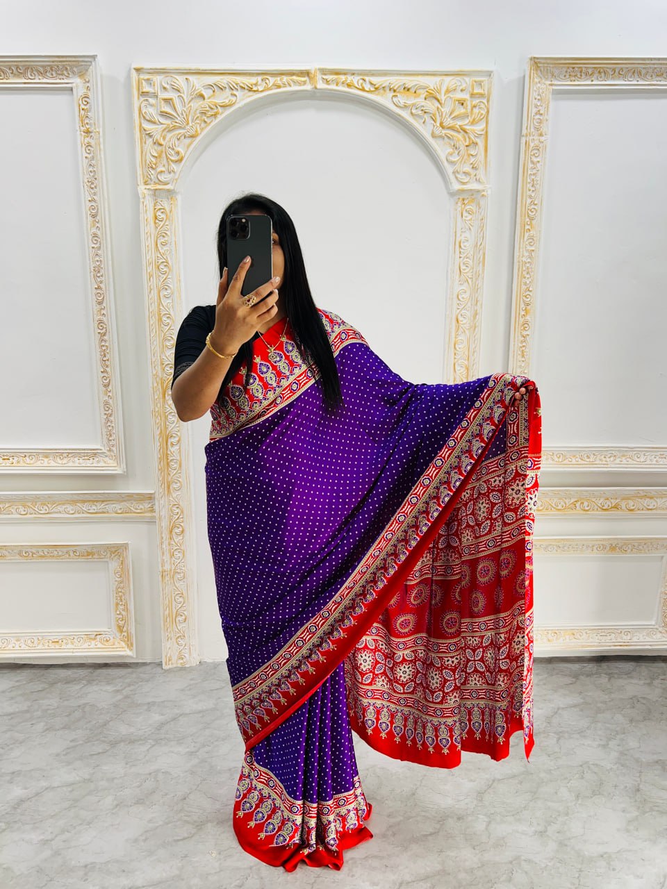 Elegant Ajrakh Saree with a Print & Patola-Style Pallu -Purple