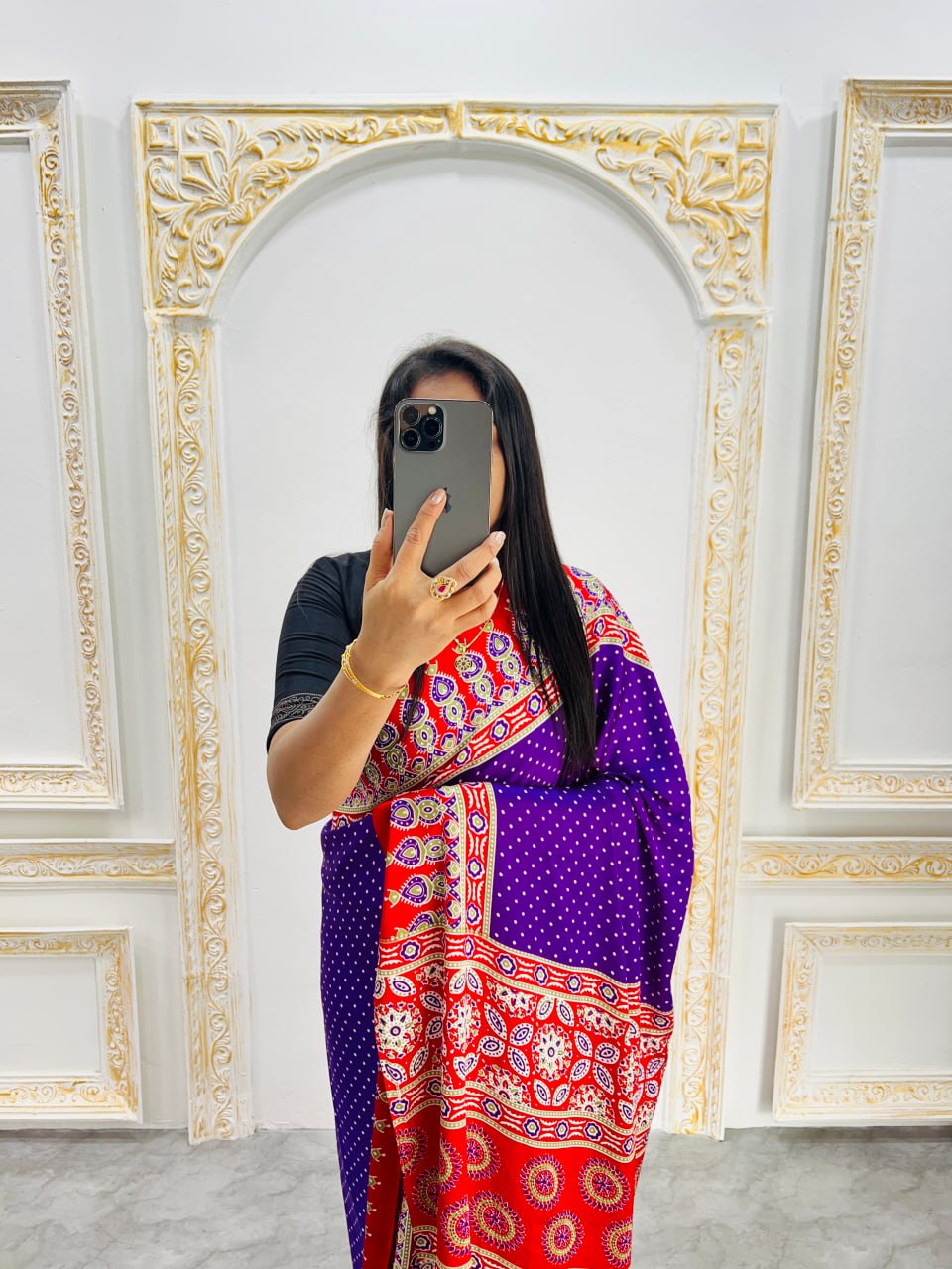 Elegant Ajrakh Saree with a Print & Patola-Style Pallu -Purple