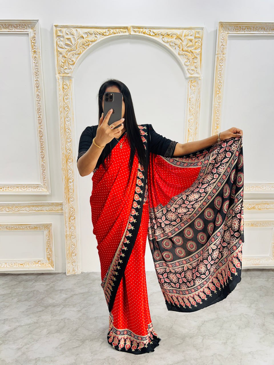 Elegant Ajrakh Saree with a Print & Patola-Style Pallu - Red