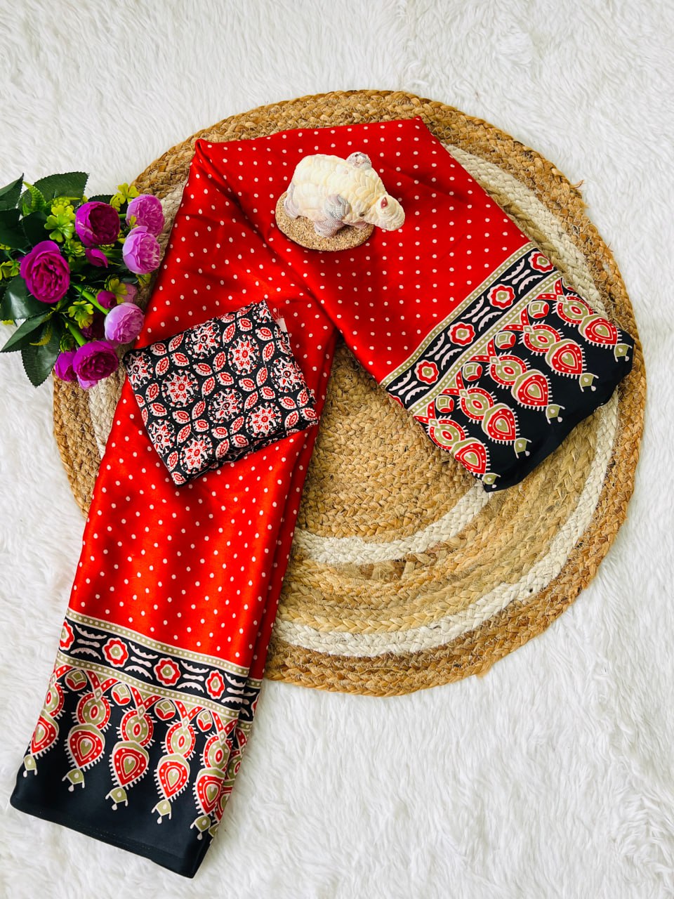 Elegant Ajrakh Saree with a Print & Patola-Style Pallu - Red