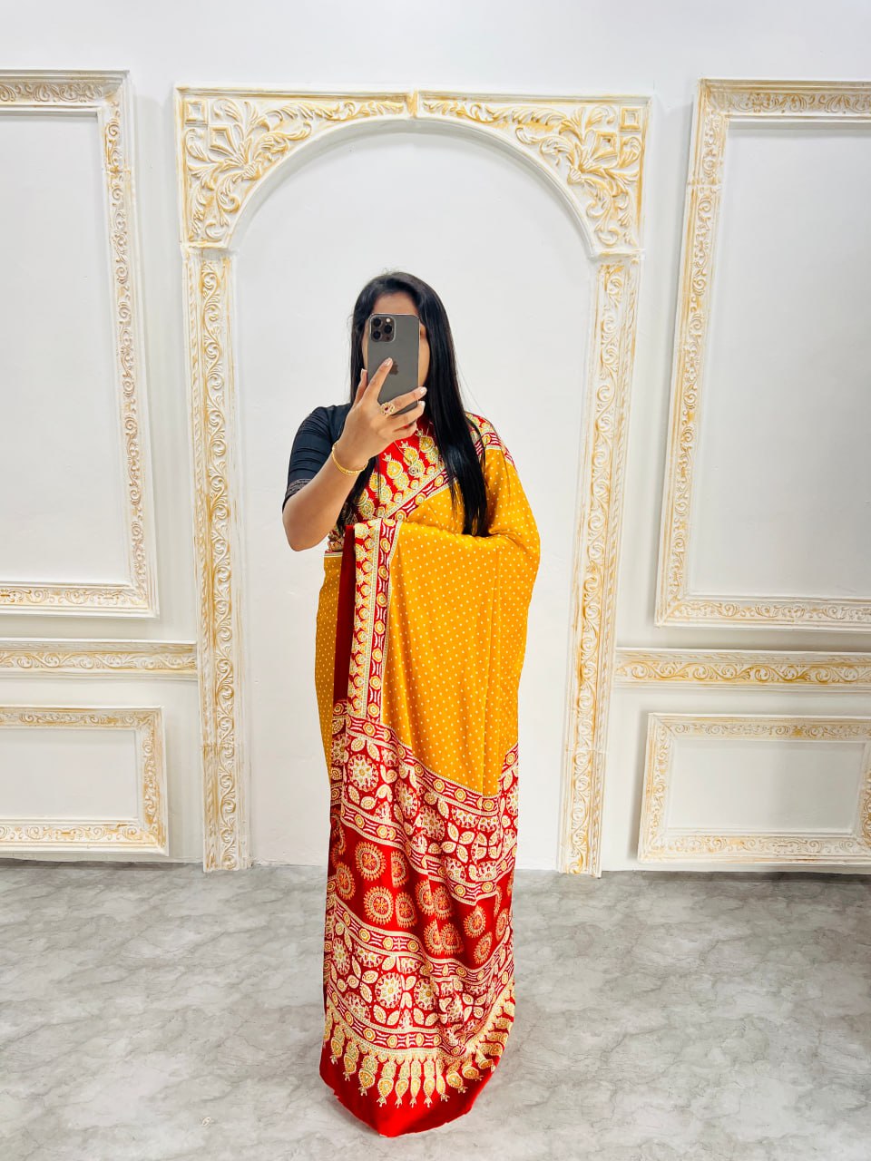 Elegant Ajrakh Saree with a Print & Patola-Style Pallu -Yellow