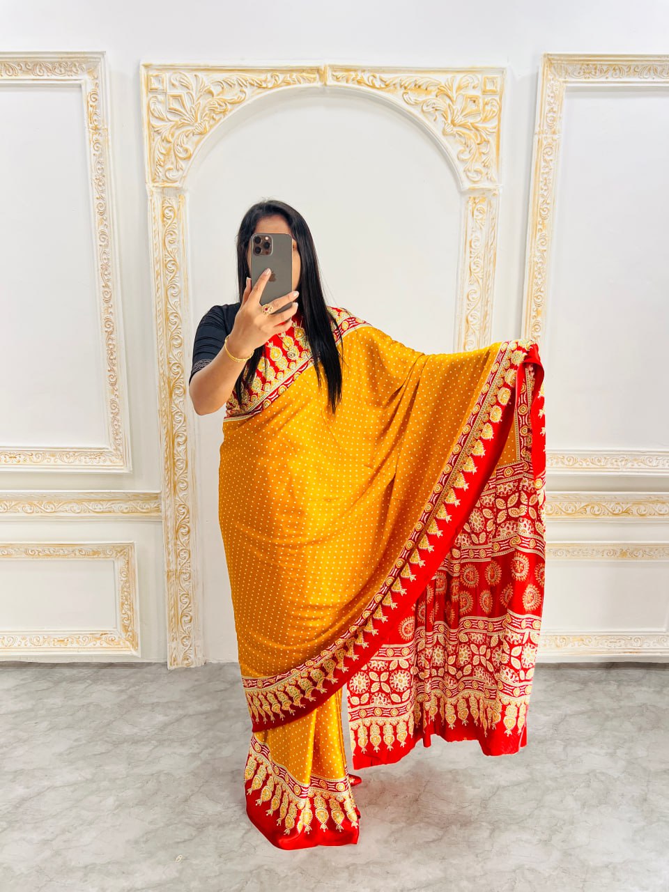 Elegant Ajrakh Saree with a Print & Patola-Style Pallu -Yellow