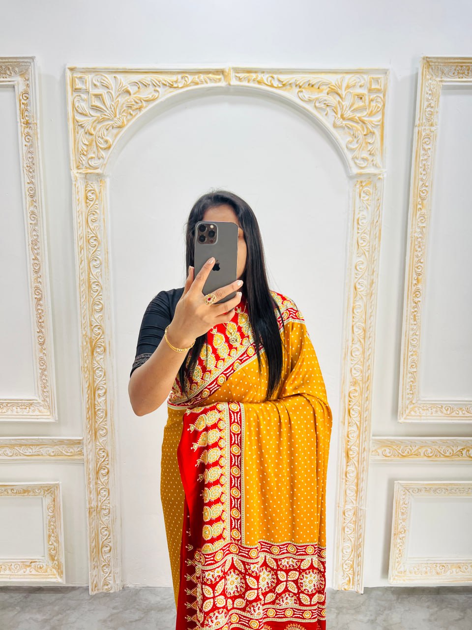 Elegant Ajrakh Saree with a Print & Patola-Style Pallu -Yellow