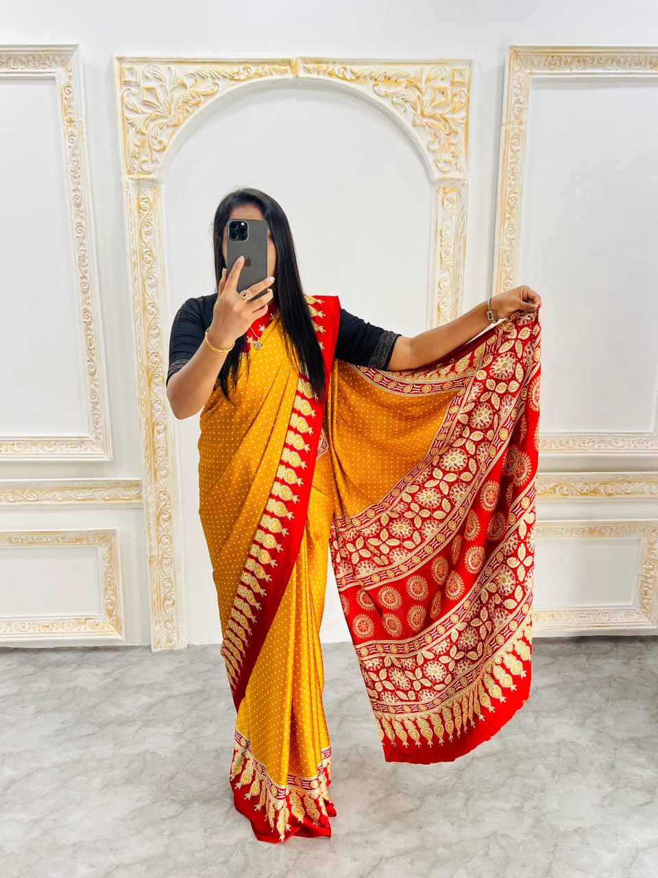 Elegant Ajrakh Saree with a Print & Patola-Style Pallu -Yellow