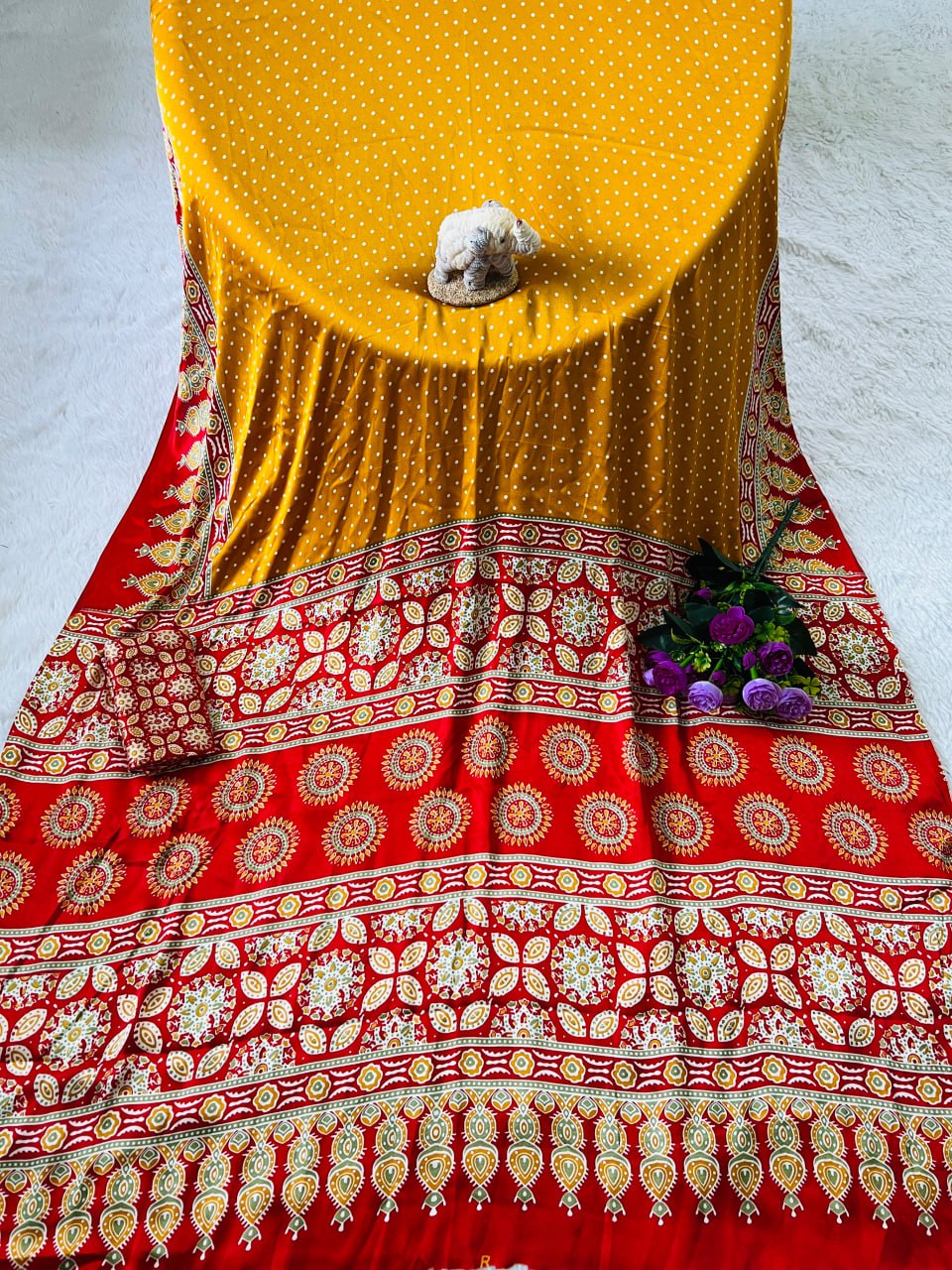 Elegant Ajrakh Saree with a Print & Patola-Style Pallu -Yellow