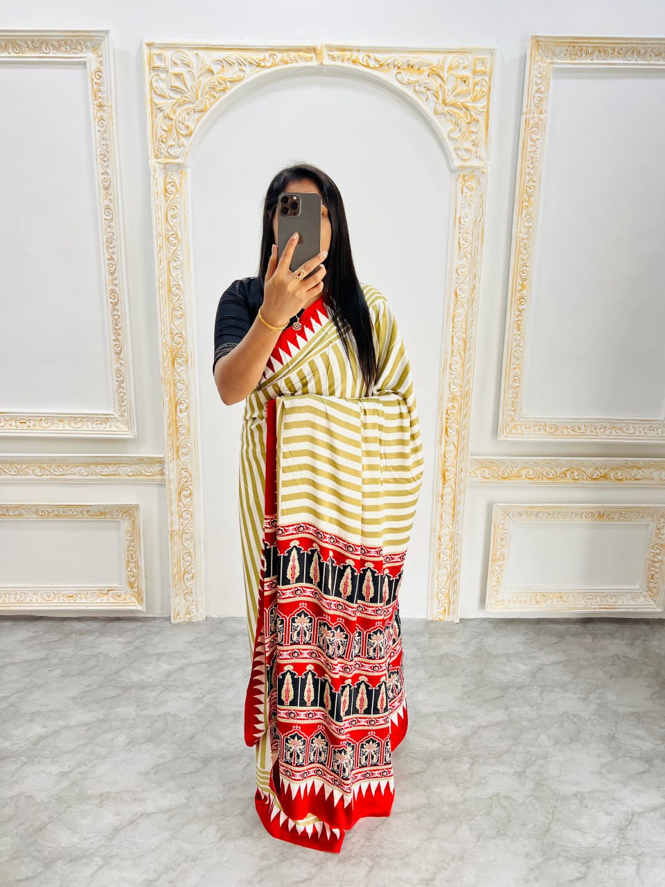 Stylish Ajrakh Design Saree with Striped Pallu – Trendy Look