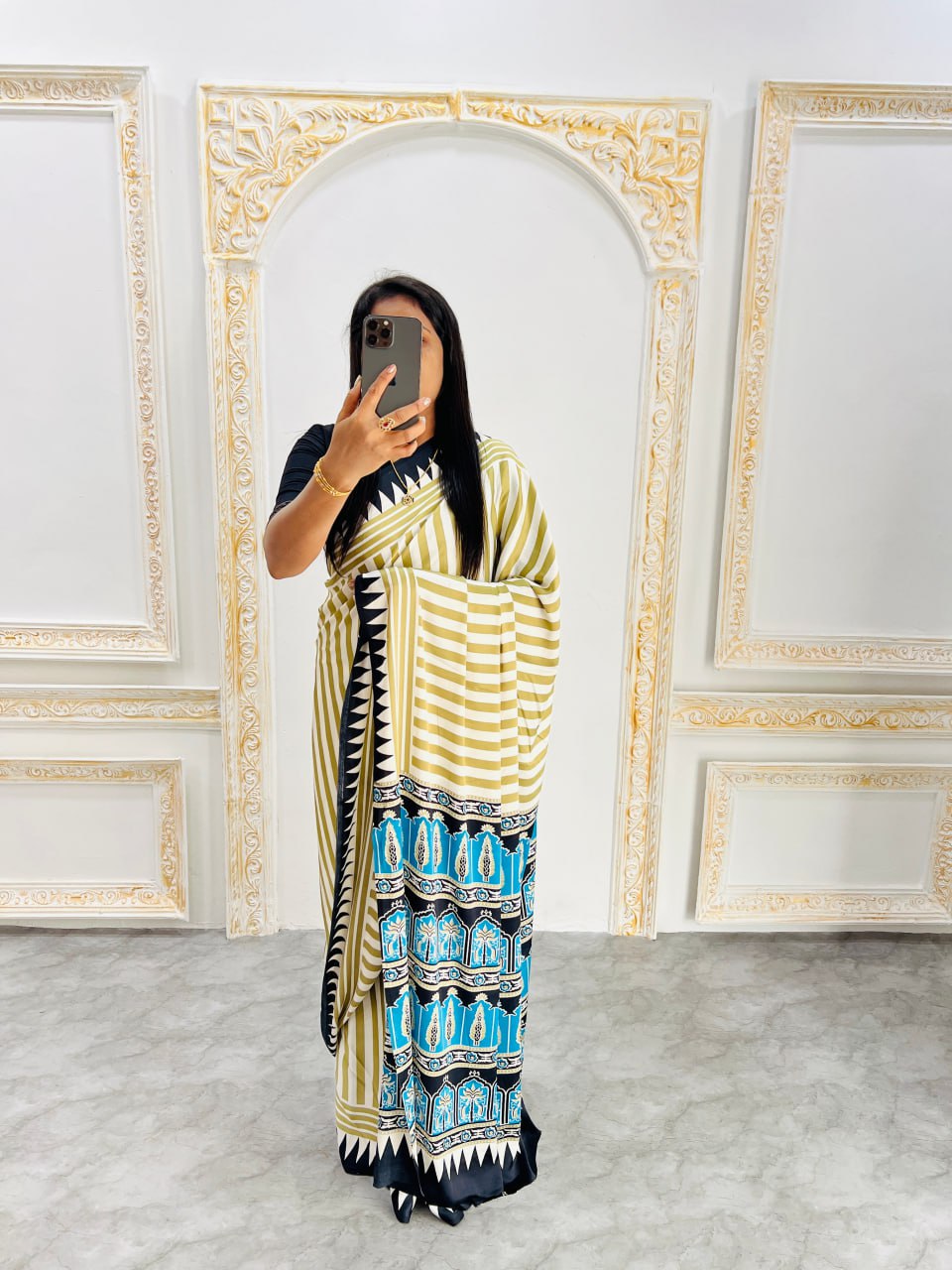 Cream & Teal Stylish Ajrakh Design Saree with Striped Pallu – Trendy Look