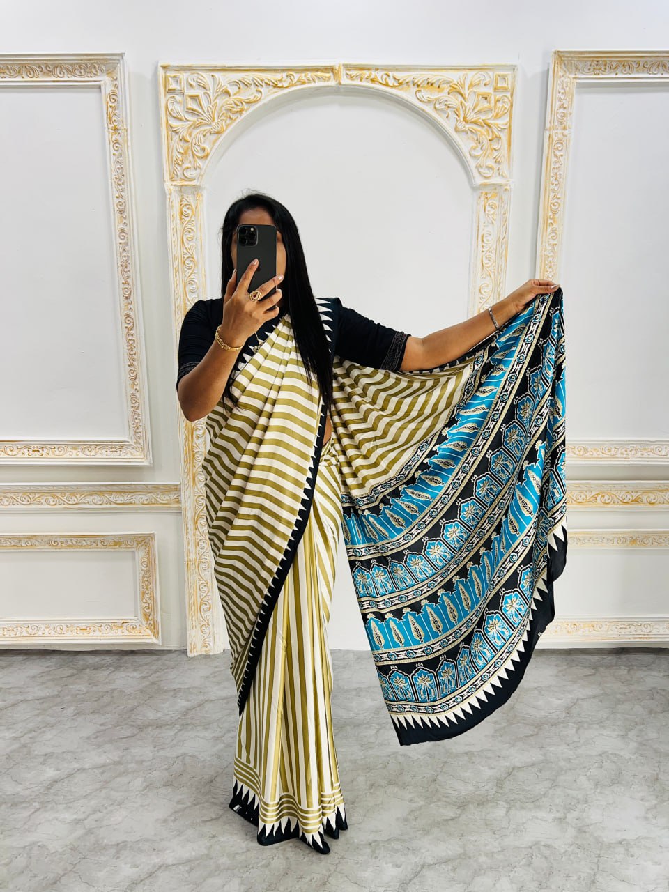Cream & Teal Stylish Ajrakh Design Saree with Striped Pallu – Trendy Look