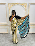 Cream & Teal Stylish Ajrakh Design Saree with Striped Pallu – Trendy Look