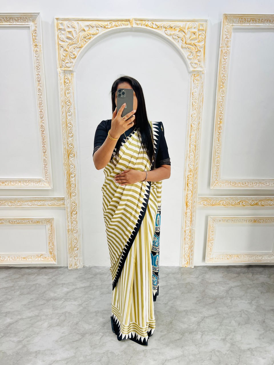 Cream & Teal Stylish Ajrakh Design Saree with Striped Pallu – Trendy Look