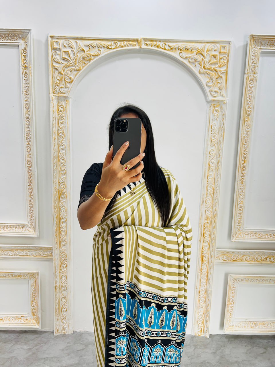 Cream & Teal Stylish Ajrakh Design Saree with Striped Pallu – Trendy Look