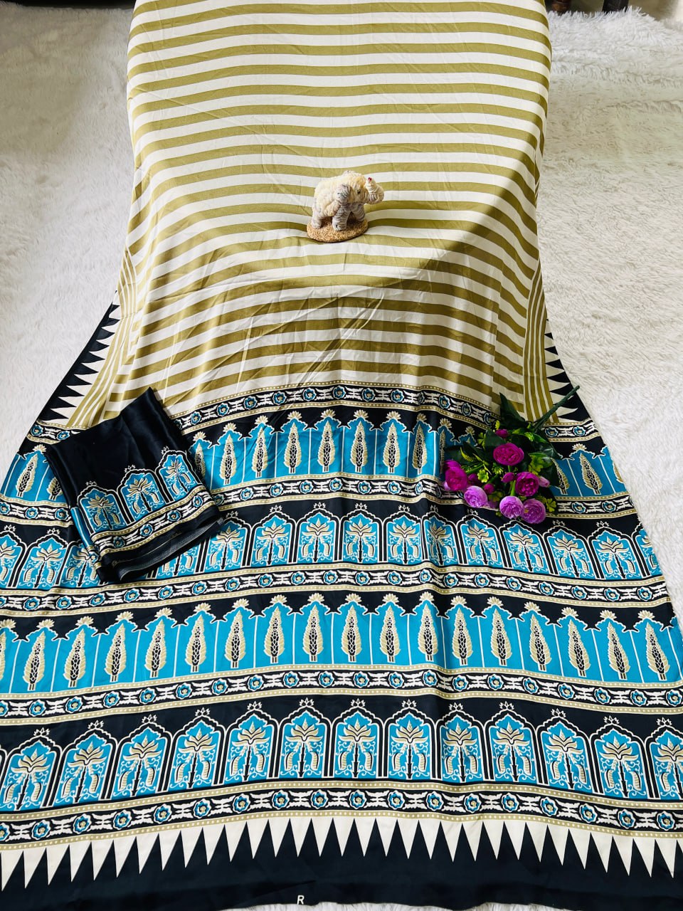 Cream & Teal Stylish Ajrakh Design Saree with Striped Pallu – Trendy Look