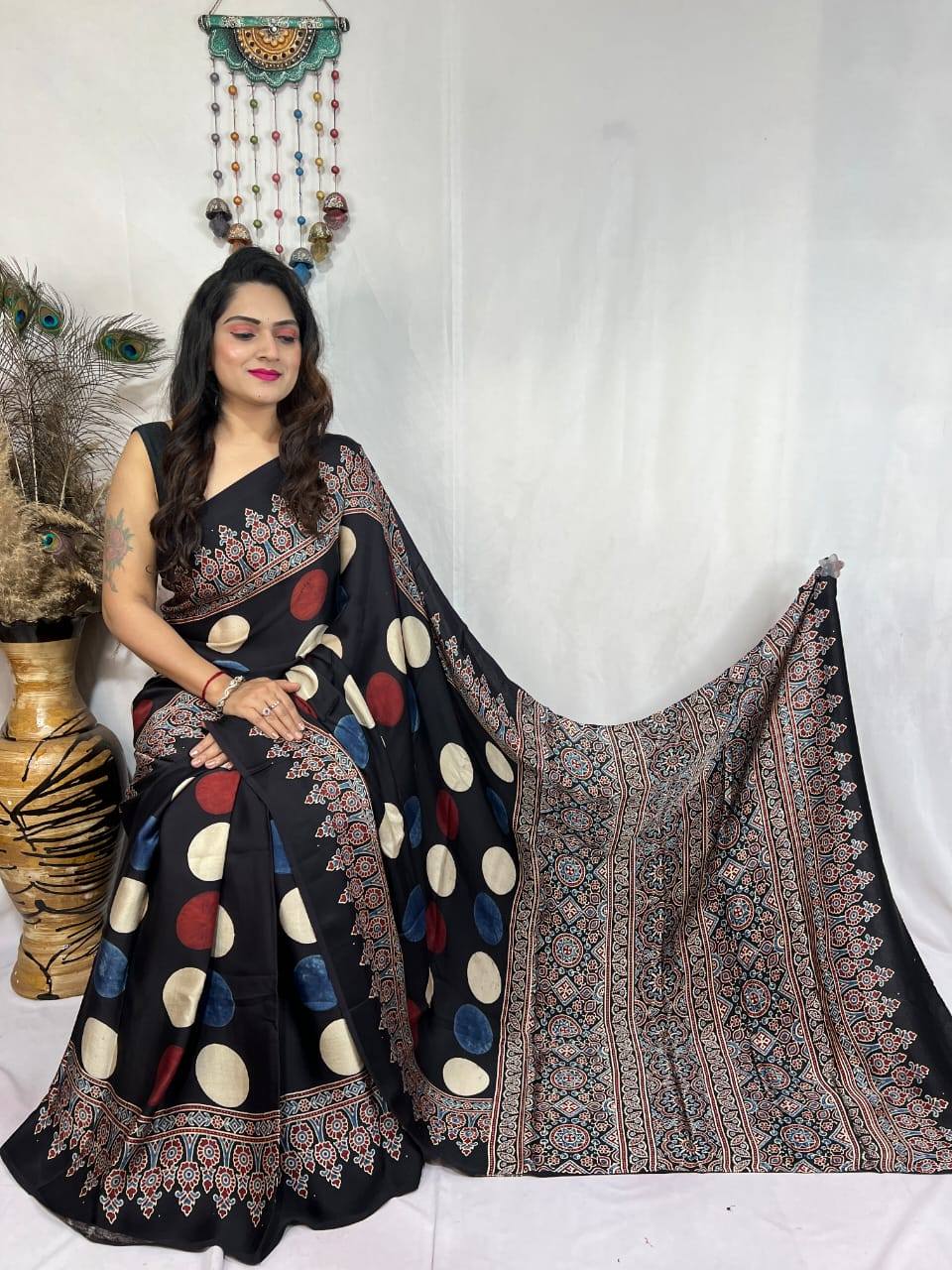 Soft Black Printed Saree with Ajrakh Motifs – Casual & Party Wear