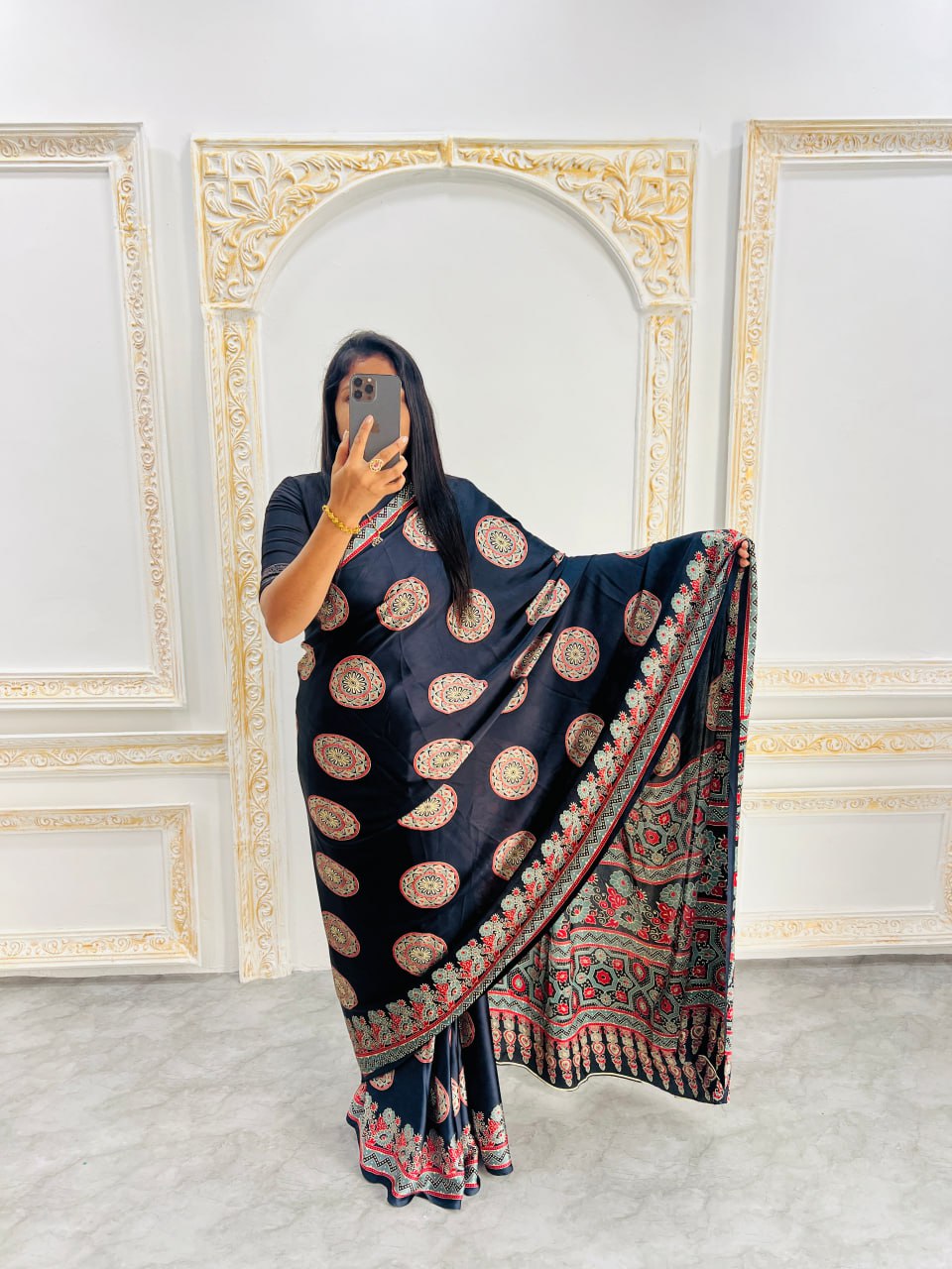 Soft Black Printed Saree with Ajrakh Motifs – Casual & Party Wear