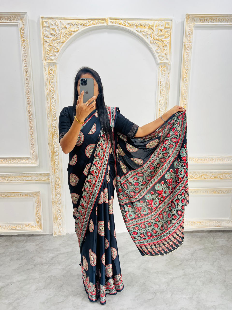 Soft Black Printed Saree with Ajrakh Motifs – Casual & Party Wear