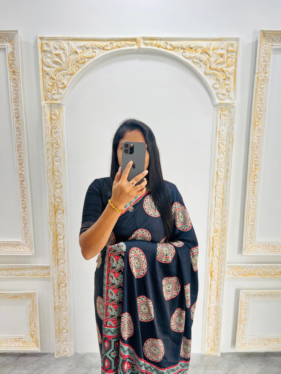 Soft Black Printed Saree with Ajrakh Motifs – Casual & Party Wear