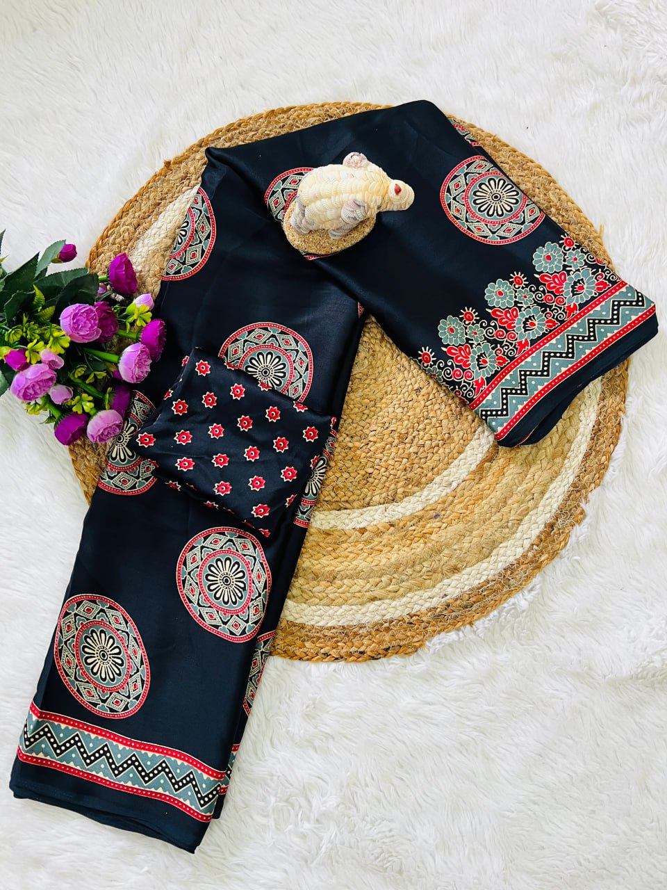 Soft Black Printed Saree with Ajrakh Motifs – Casual & Party Wear