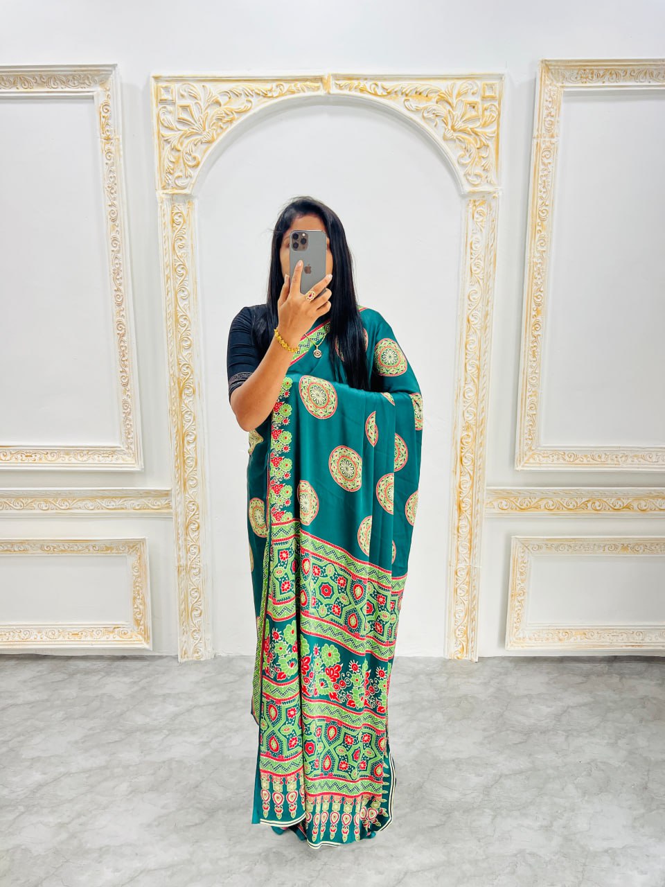 Green Printed Saree with Ajrakh Motifs – Casual & Party Wear