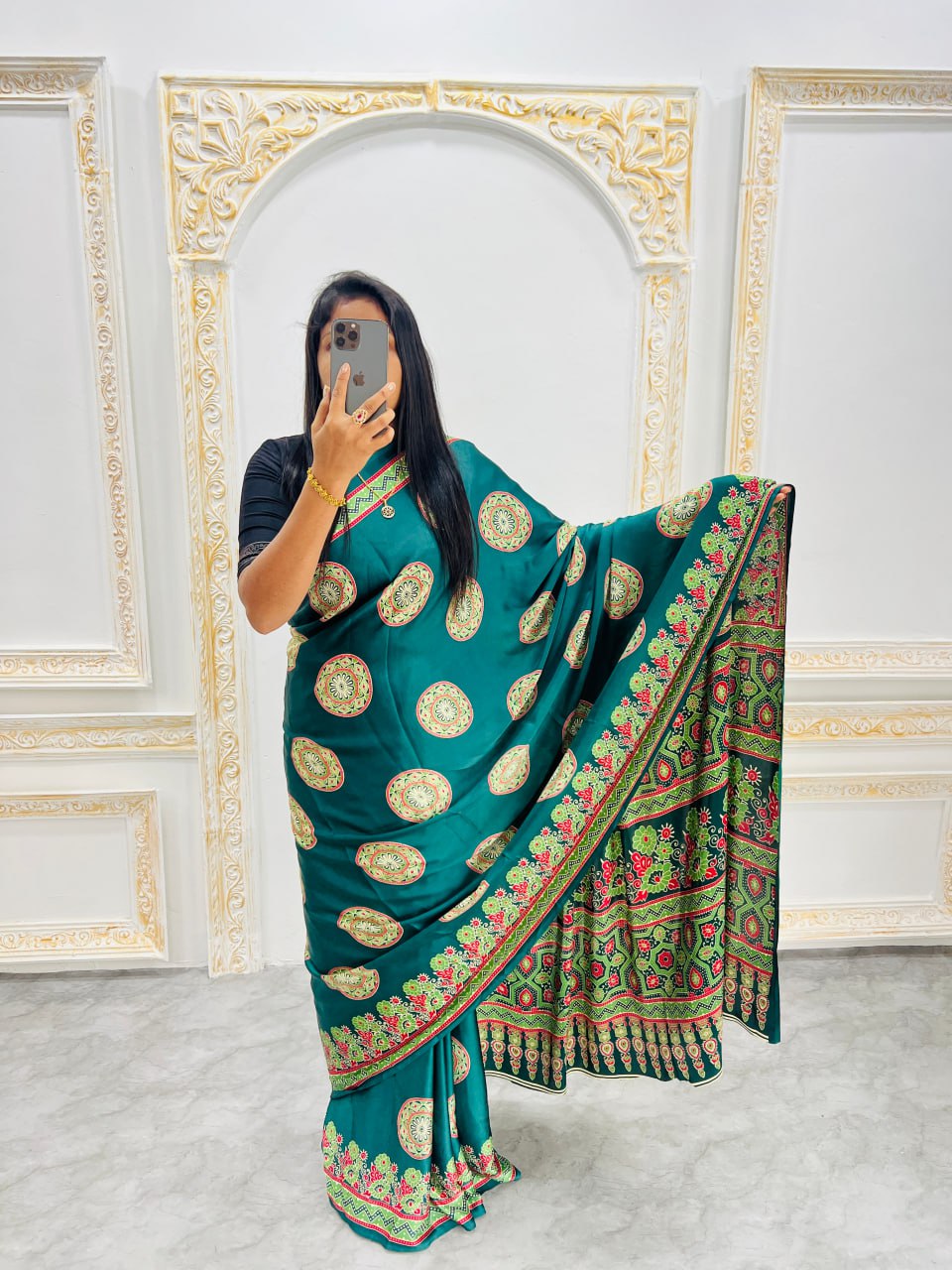 Green Printed Saree with Ajrakh Motifs – Casual & Party Wear
