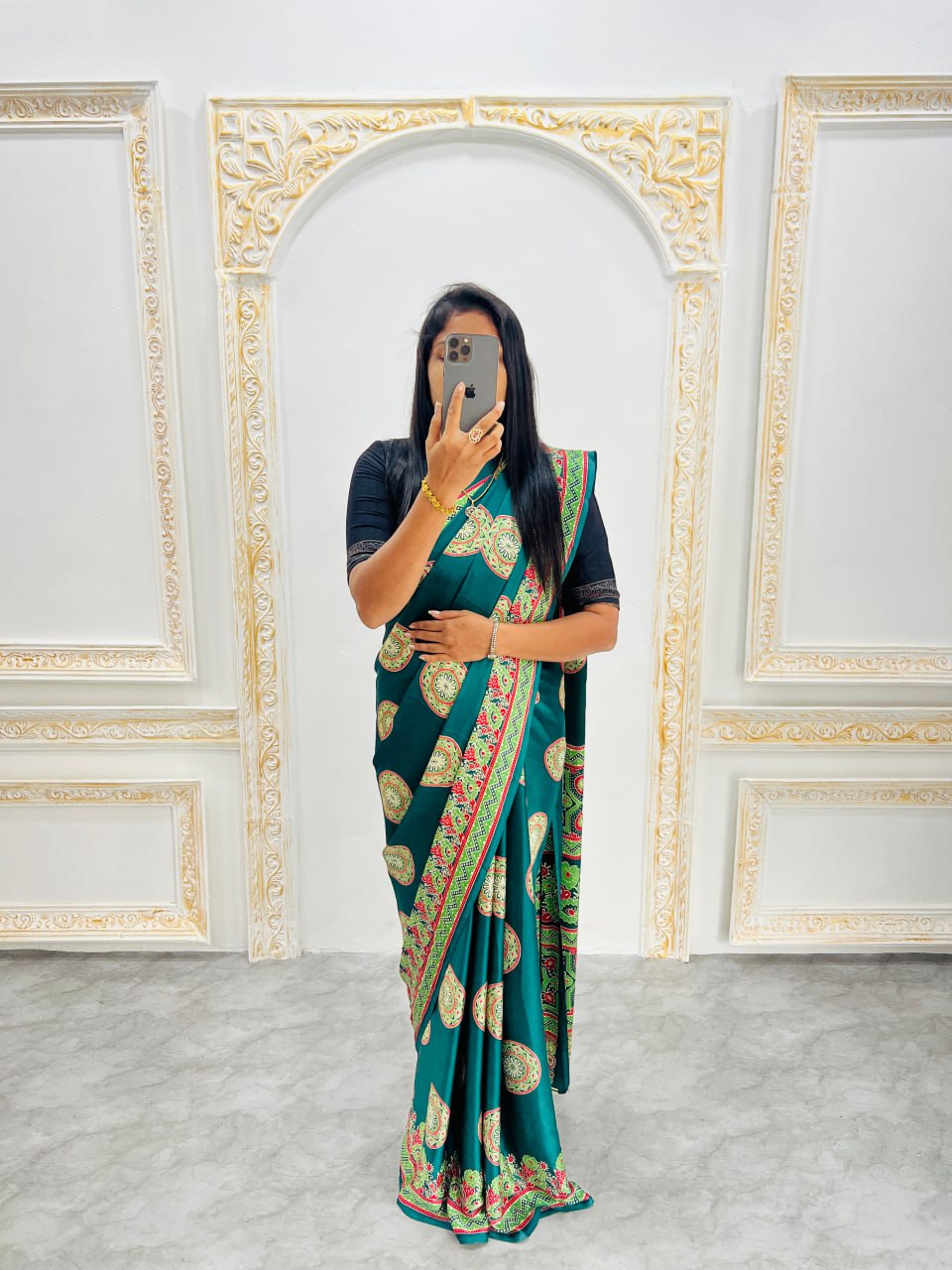 Green Printed Saree with Ajrakh Motifs – Casual & Party Wear