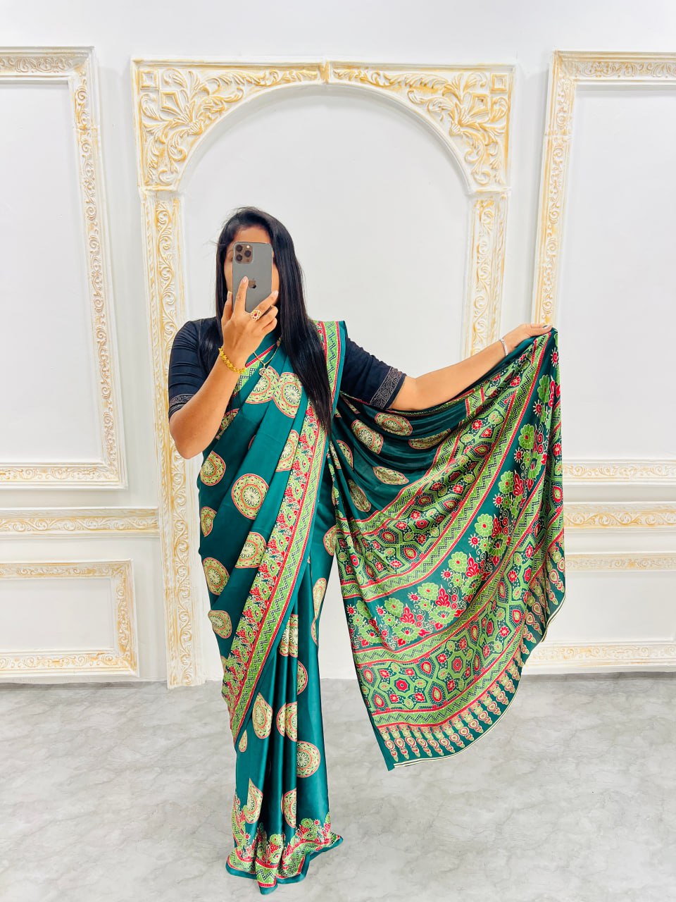 Green Printed Saree with Ajrakh Motifs – Casual & Party Wear