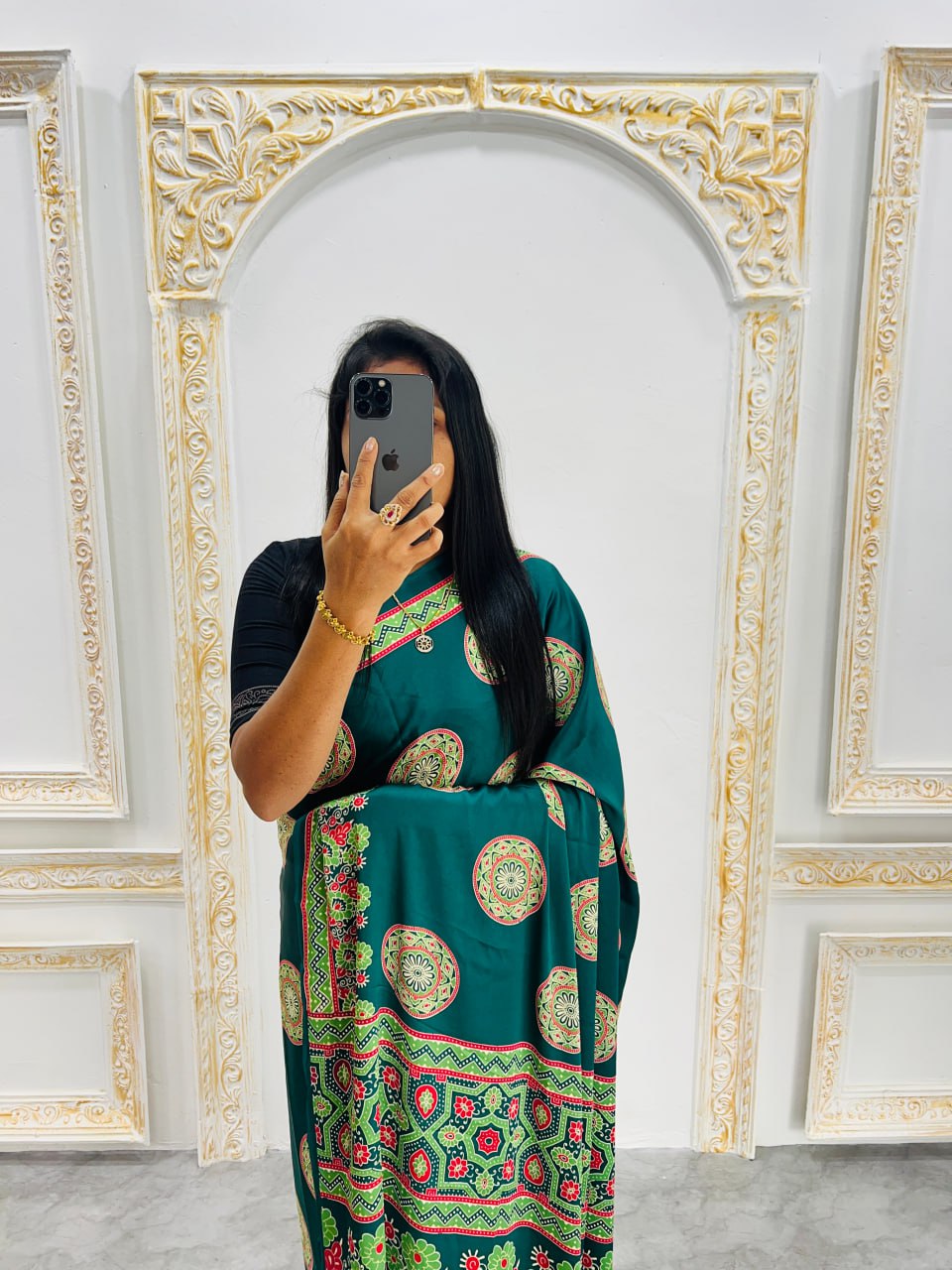 Green Printed Saree with Ajrakh Motifs – Casual & Party Wear