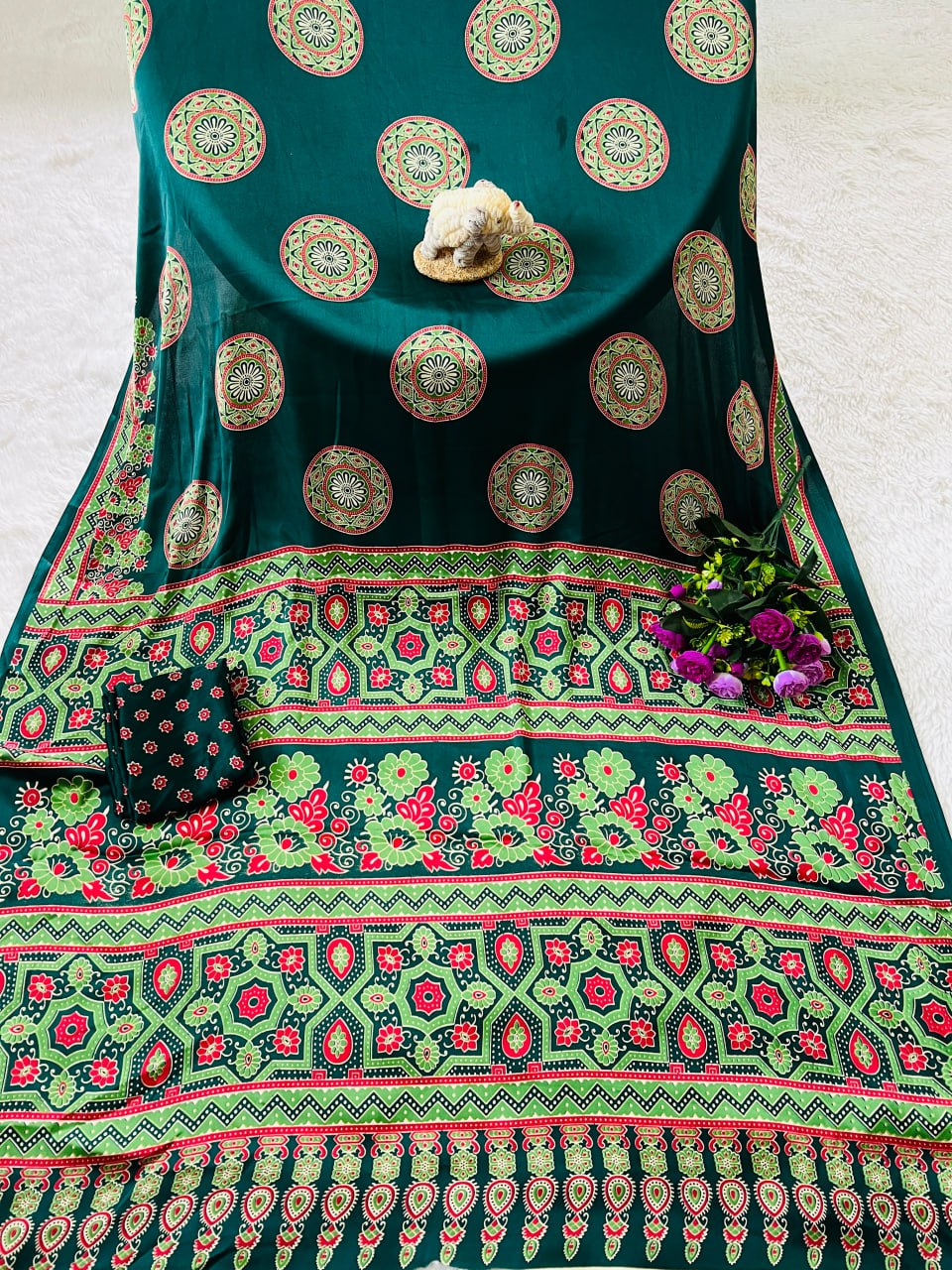 Green Printed Saree with Ajrakh Motifs – Casual & Party Wear