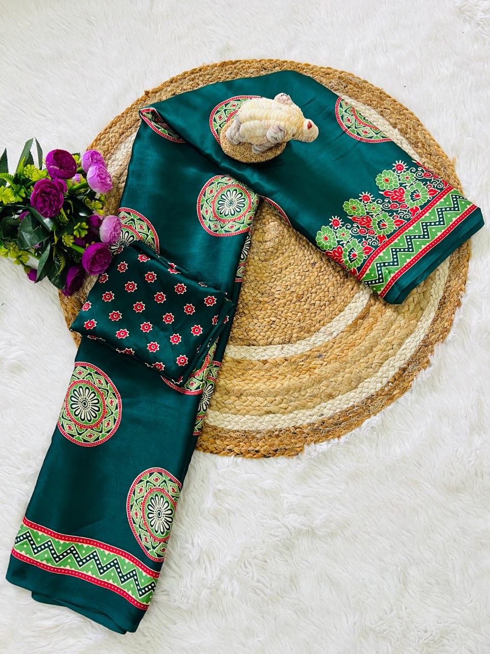 Green Printed Saree with Ajrakh Motifs – Casual & Party Wear