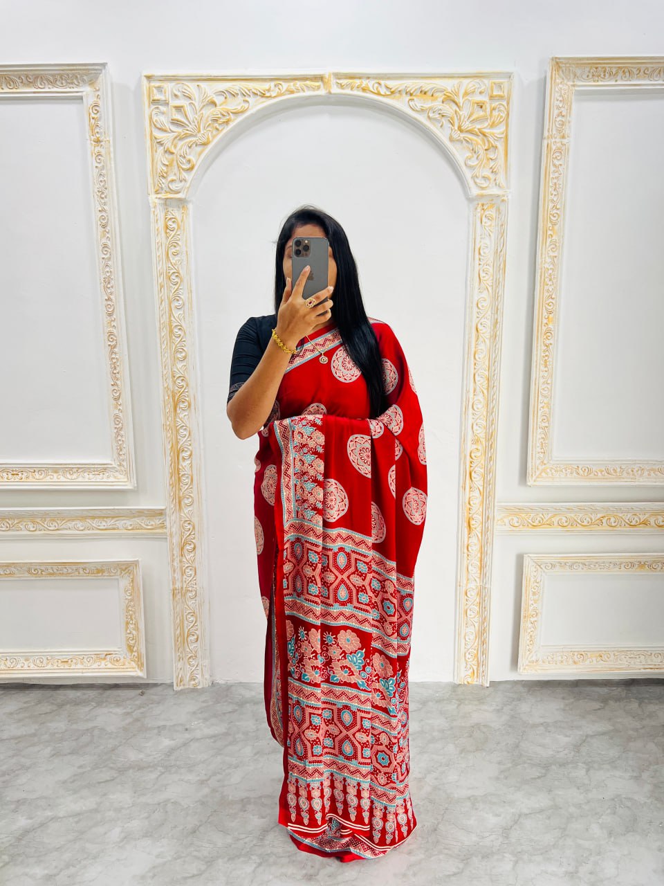 Red Printed Saree with Ajrakh Motifs – Casual & Party Wear