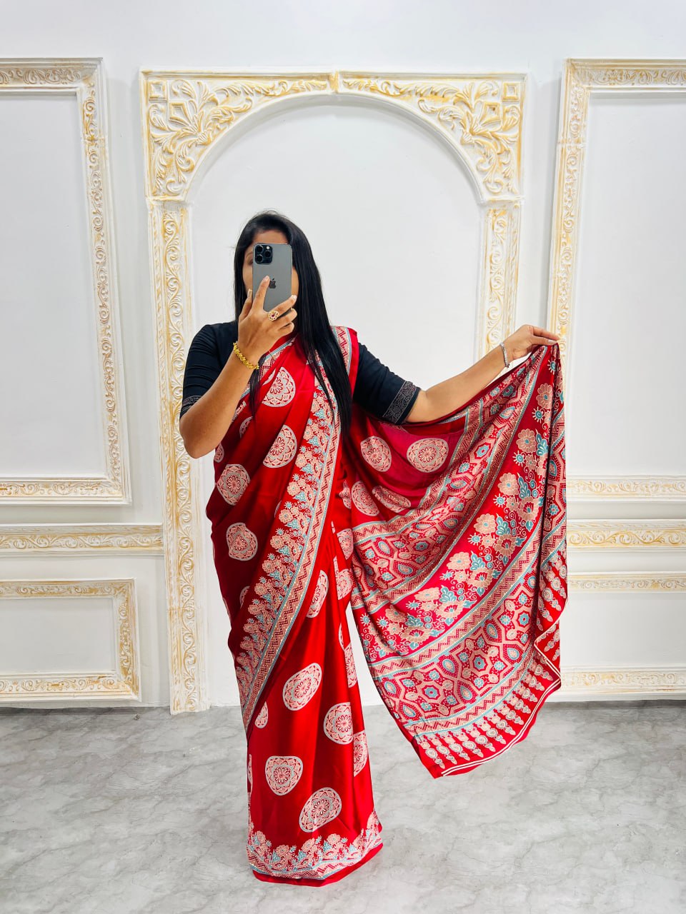 Red Printed Saree with Ajrakh Motifs – Casual & Party Wear