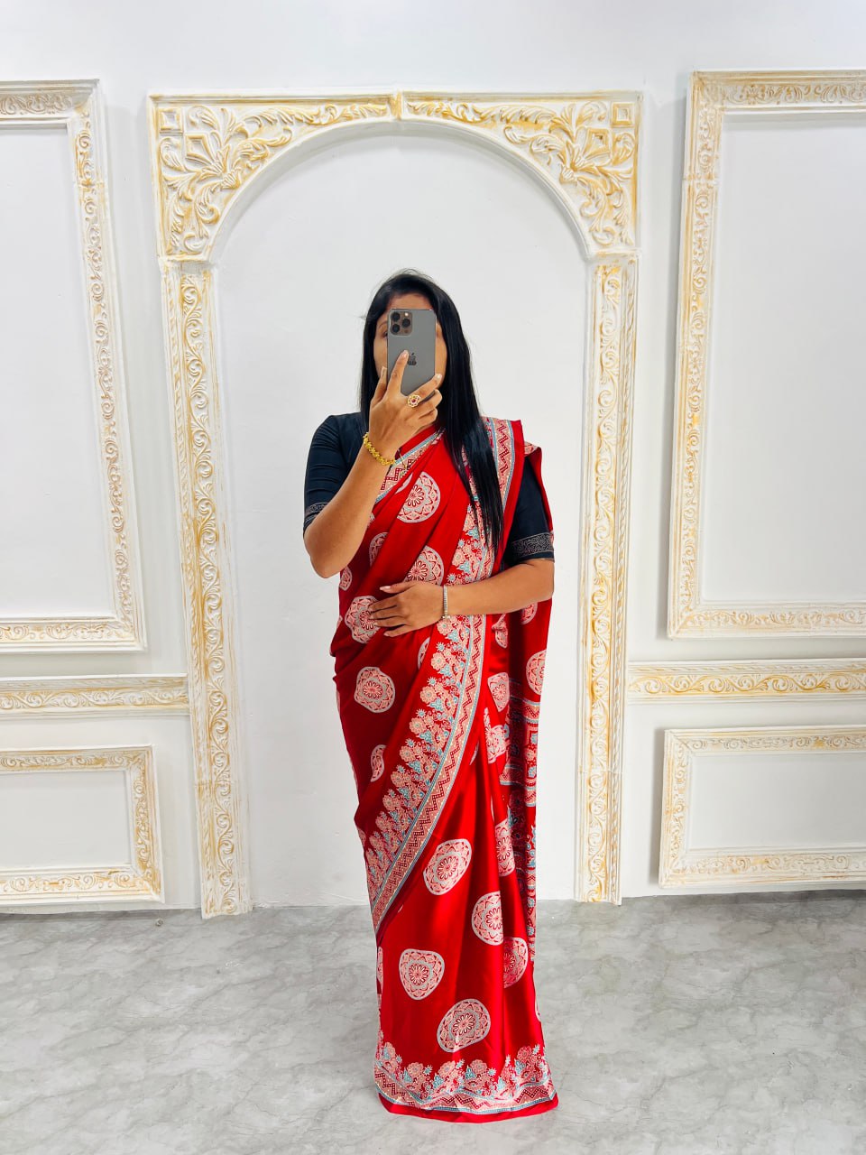 Red Printed Saree with Ajrakh Motifs – Casual & Party Wear