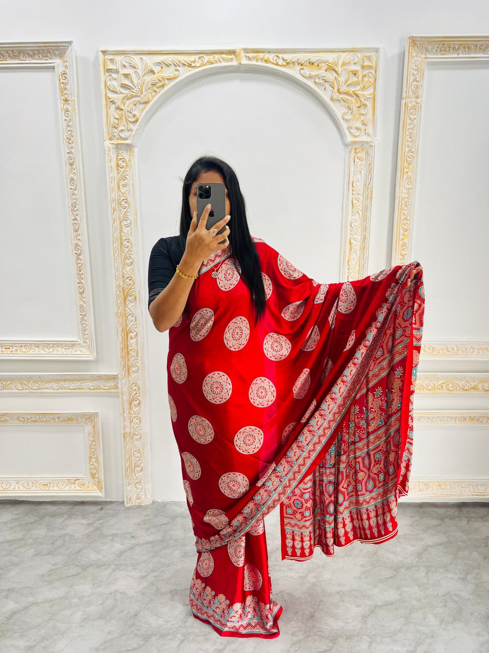 Red Printed Saree with Ajrakh Motifs – Casual & Party Wear