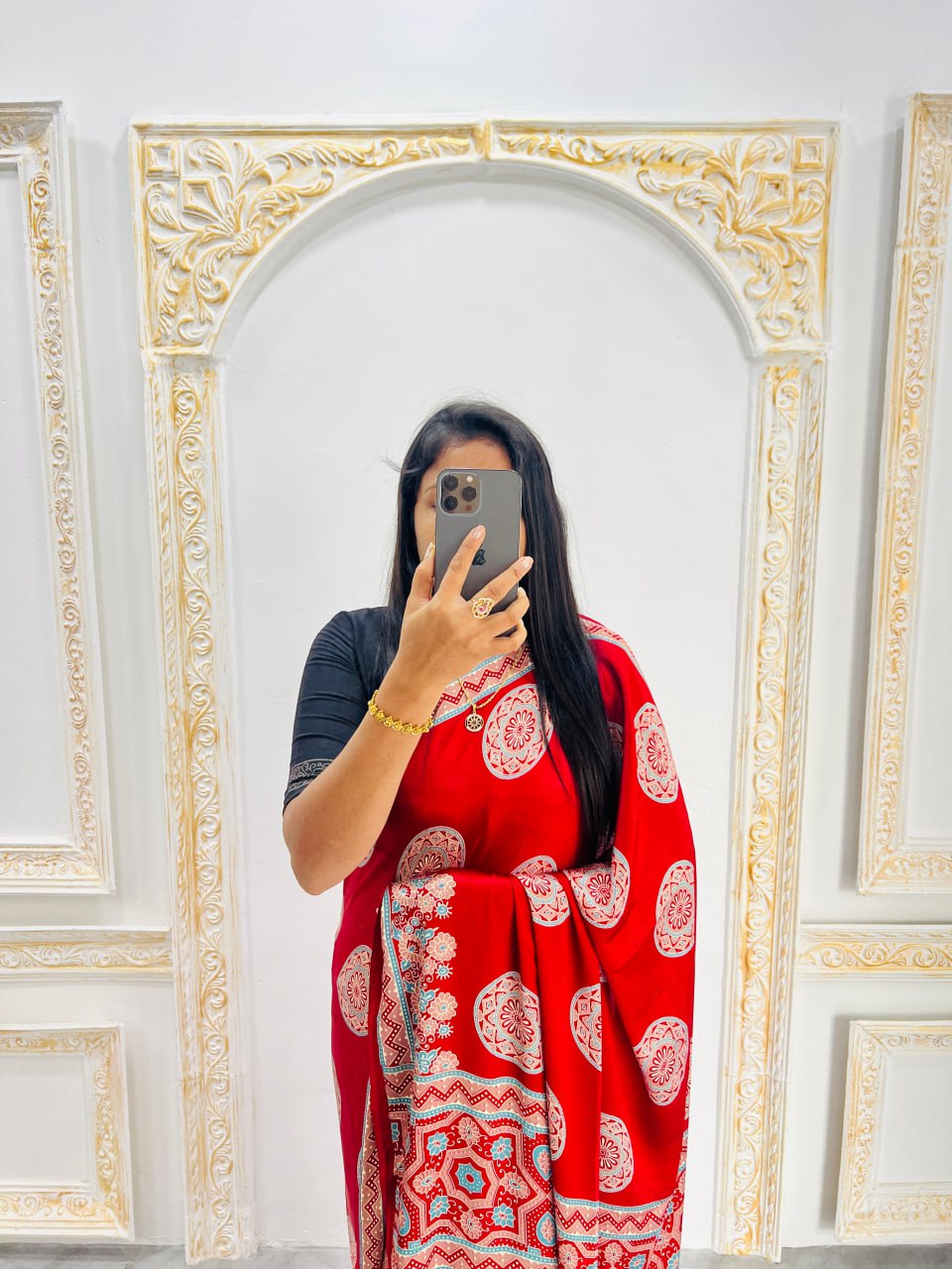 Red Printed Saree with Ajrakh Motifs – Casual & Party Wear