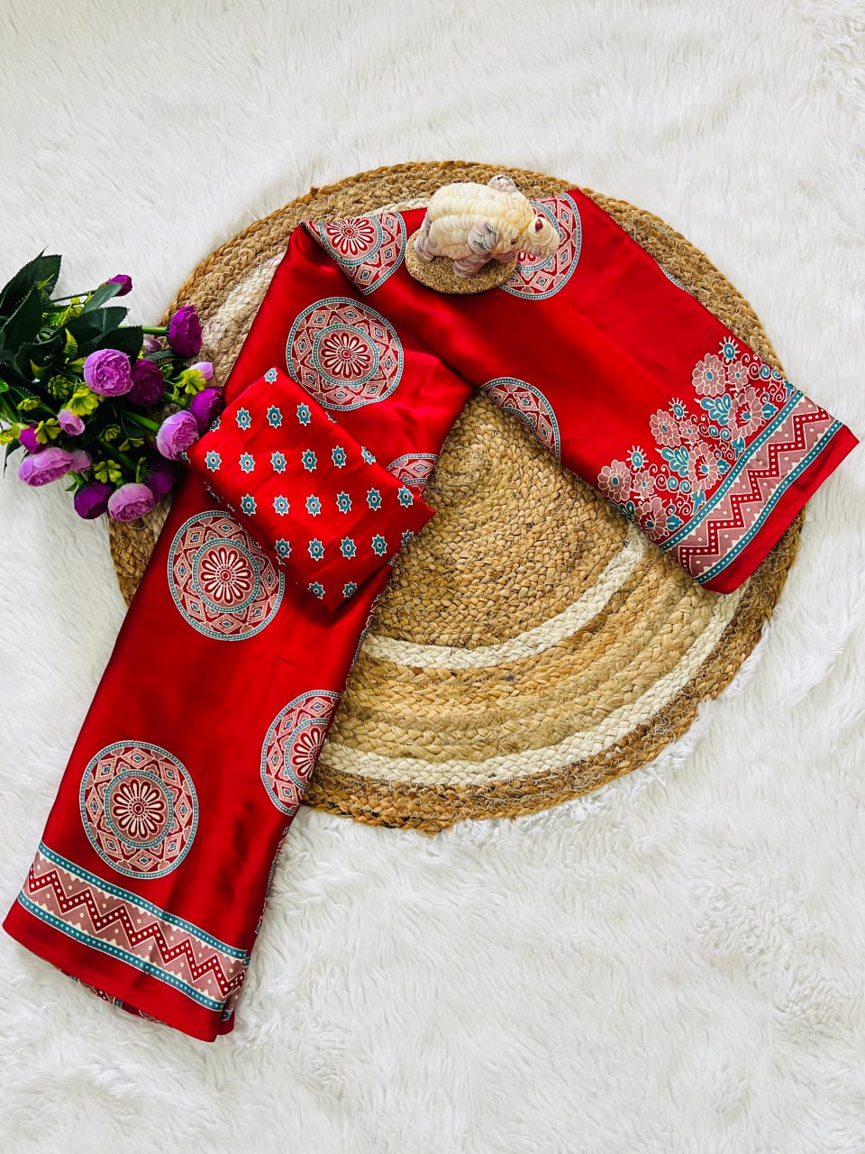Red Printed Saree with Ajrakh Motifs – Casual & Party Wear