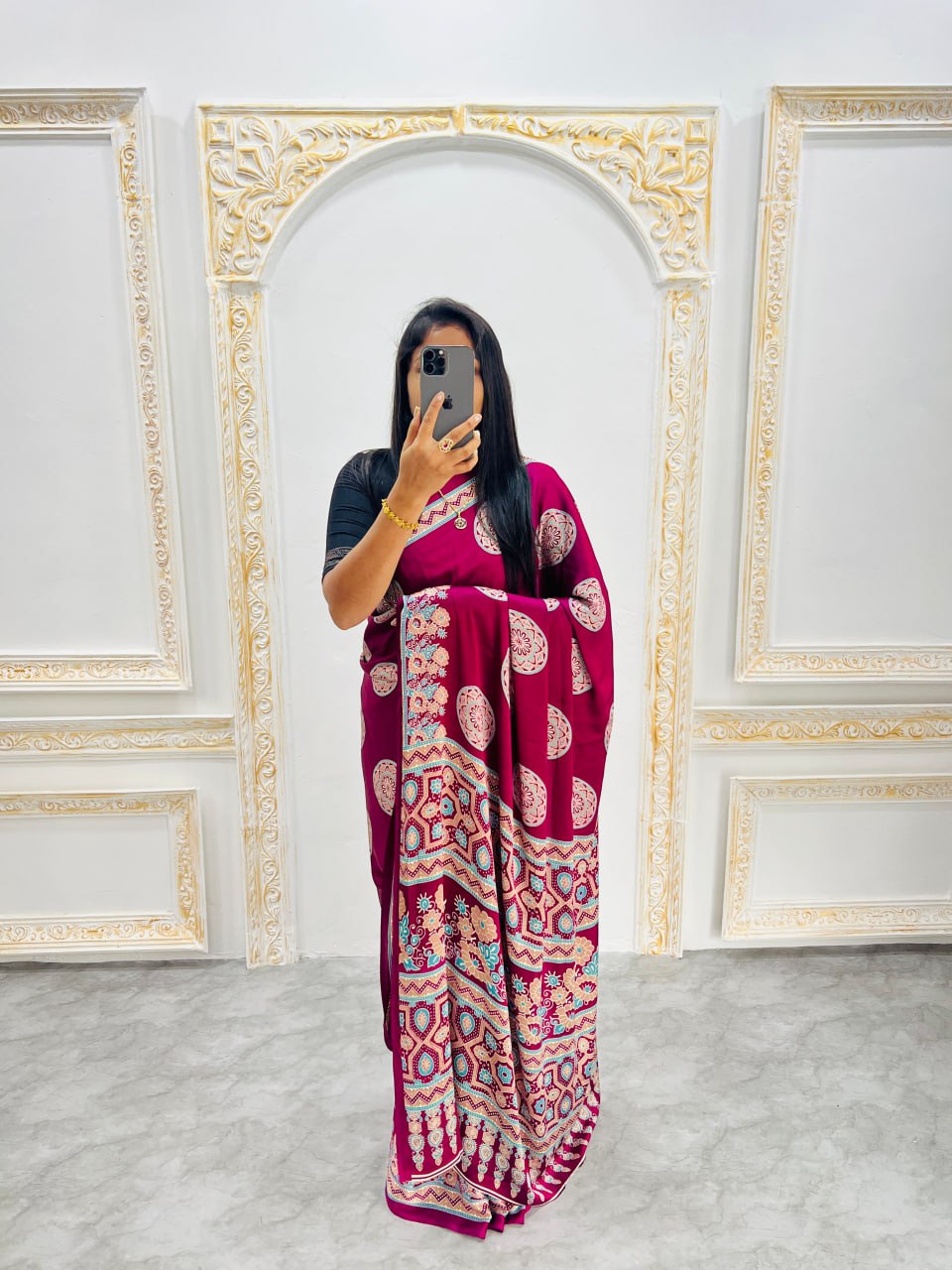 Wine Printed Saree with Ajrakh Motifs – Casual & Party Wear
